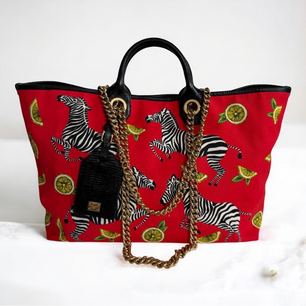 SOLD! Dolce and Gabbana Red Canvas Capri Tote with Zebra and Lemon Print.